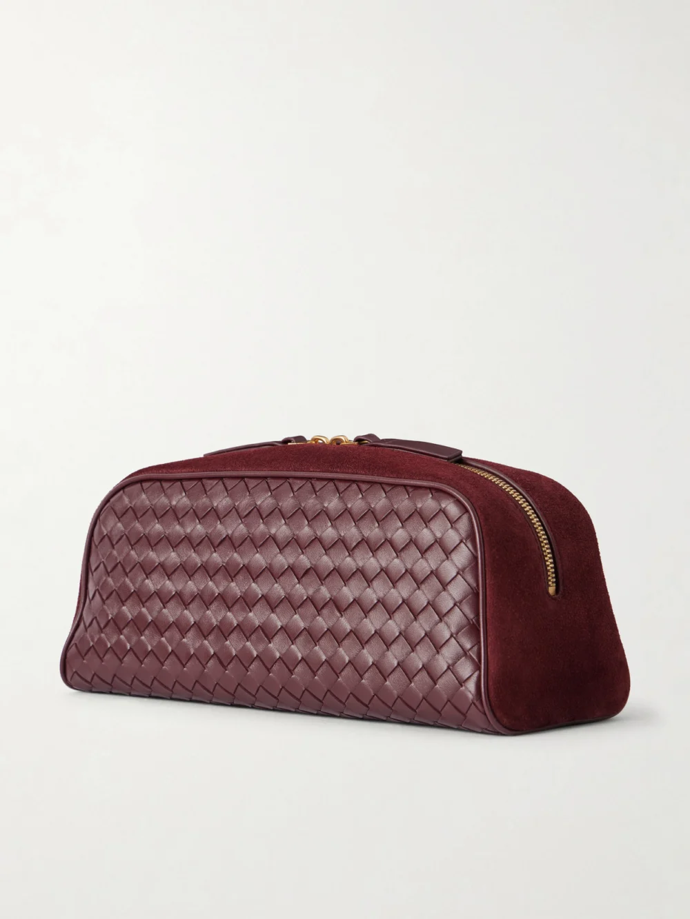 Back view of the Bottega Veneta Nodo Small Intrecciato Suede-trimmed Leather Pouch