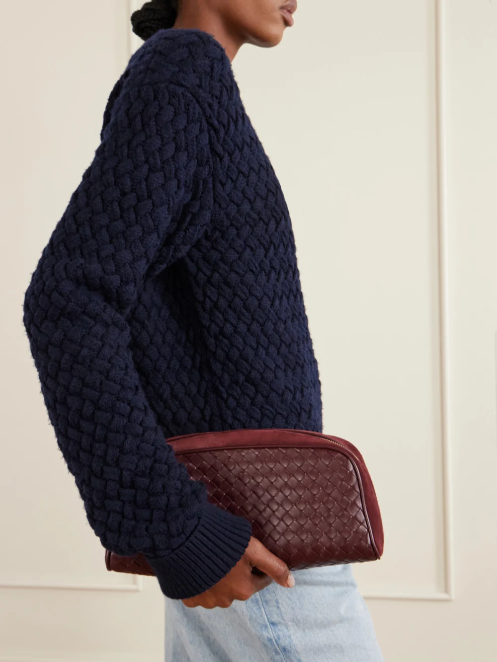 Bottega Veneta Nodo Small Intrecciato Suede-trimmed Leather Pouch, styled view