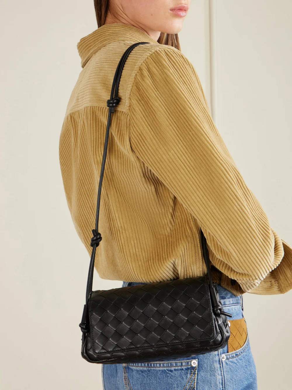 Bottega Veneta Notturno Intrecciato Leather Shoulder Bag, styled view