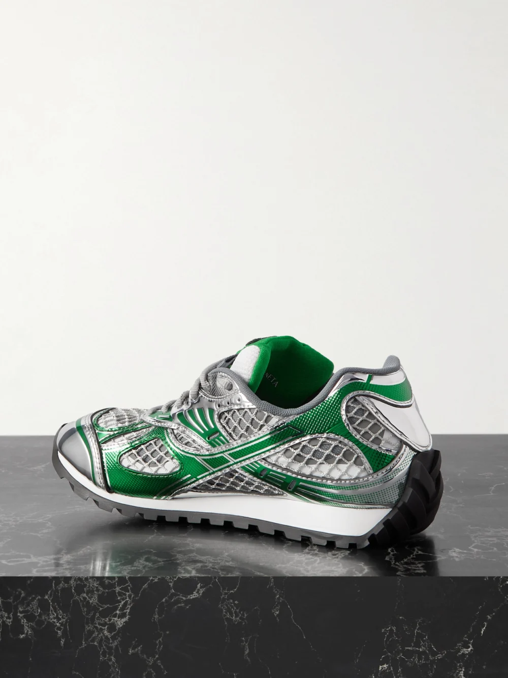 Back view of the Bottega Veneta Orbit Metallic Rubber, Mesh and Fishnet Sneakers