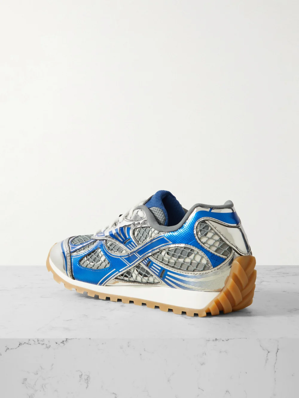 Back view of the Bottega Veneta Orbit Metallic Rubber, Mesh and Fishnet Sneakers