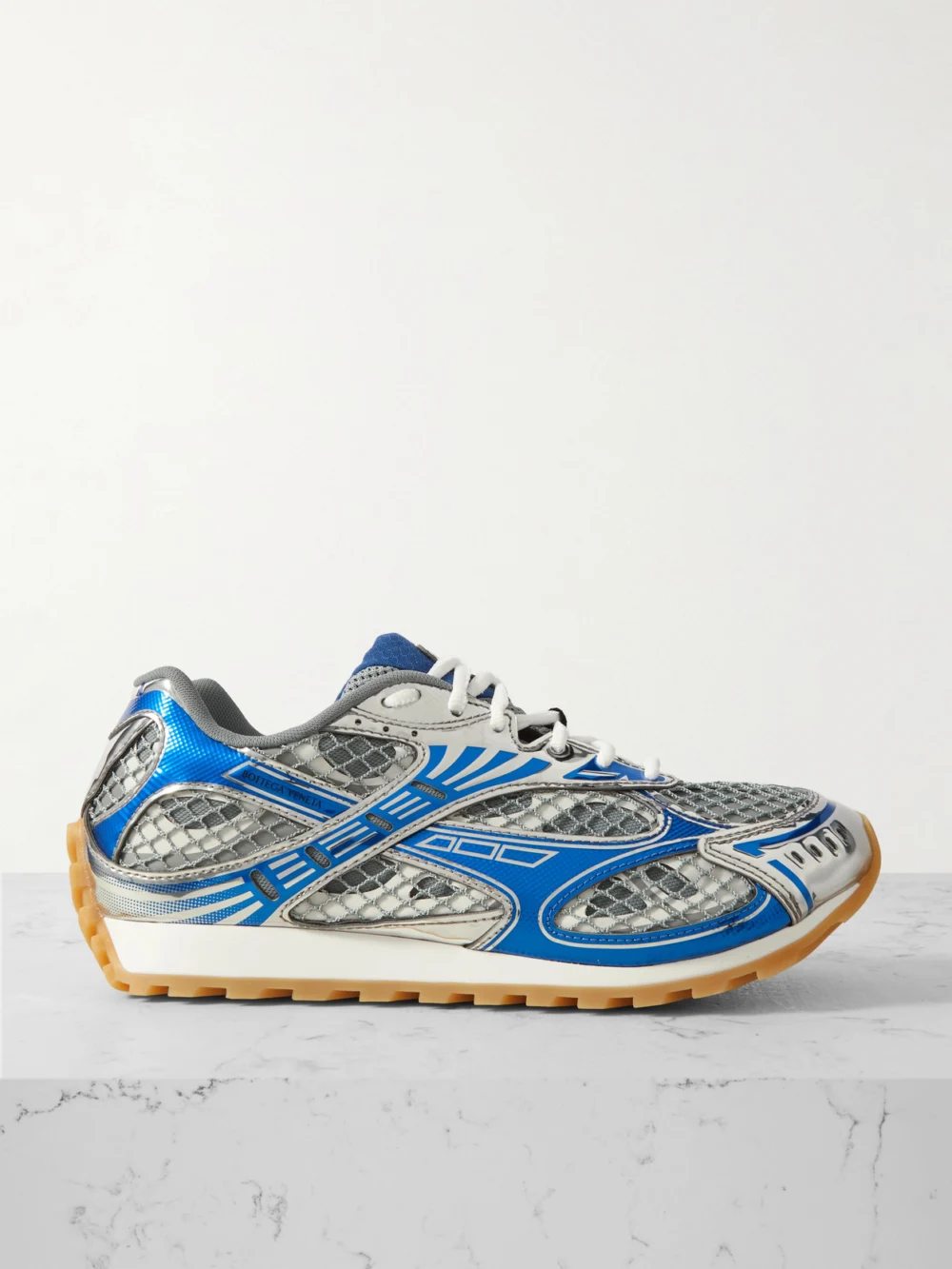 Bottega Veneta Orbit Metallic Rubber, Mesh and Fishnet Sneakers in neutral