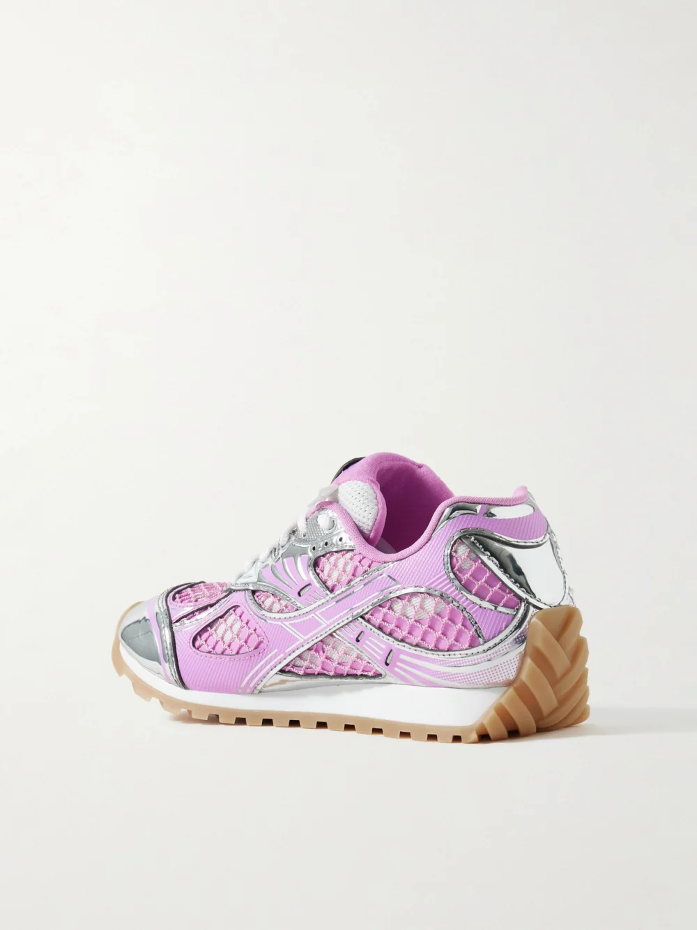 Back view of the Bottega Veneta Orbit Metallic Rubber, Mesh and Fishnet Sneakers
