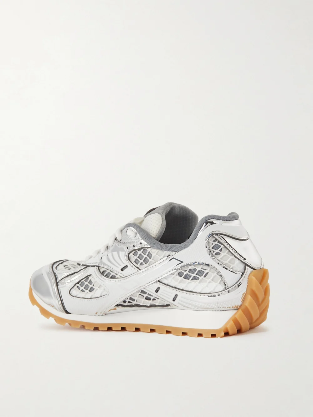 Back view of the Bottega Veneta Orbit Metallic Rubber, Mesh and Fishnet Sneakers