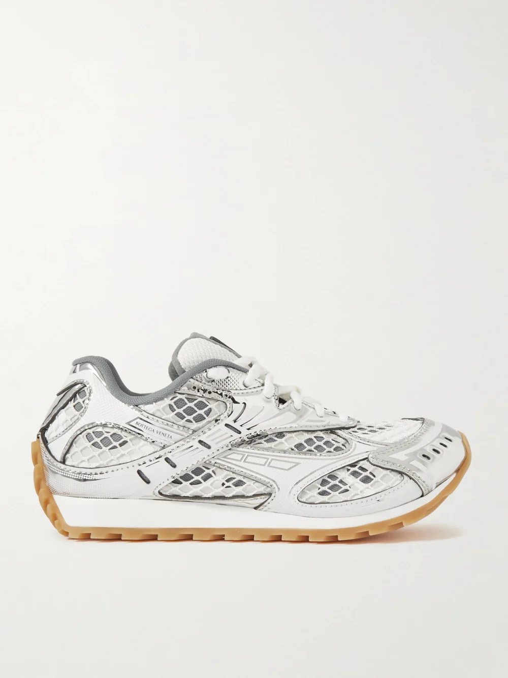Bottega Veneta Orbit Metallic Rubber, Mesh and Fishnet Sneakers in white
