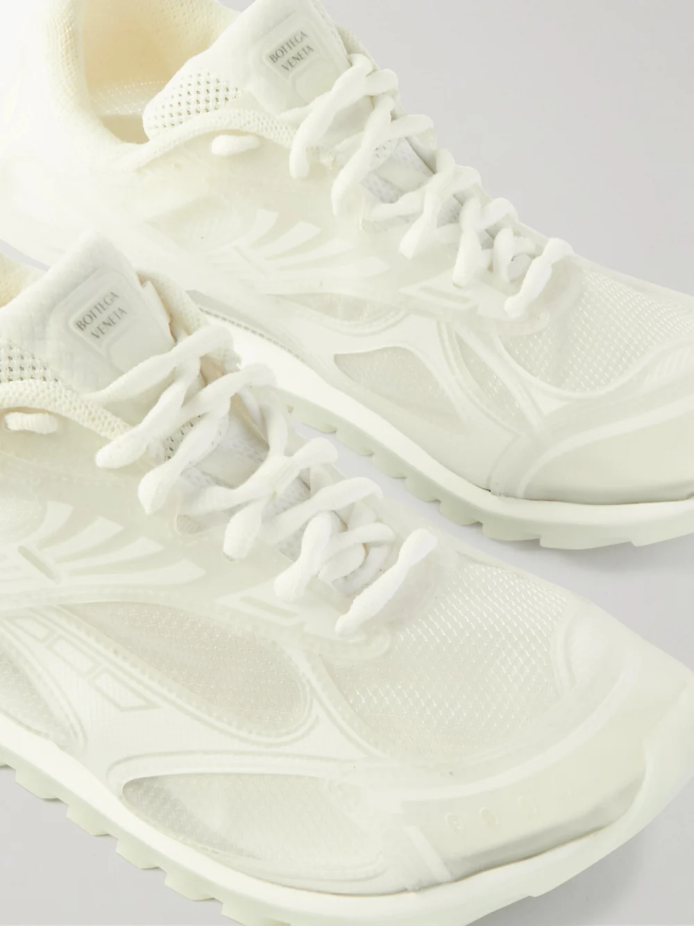 Close-up detail of the Bottega Veneta Orbit Rubber and Mesh Sneakers