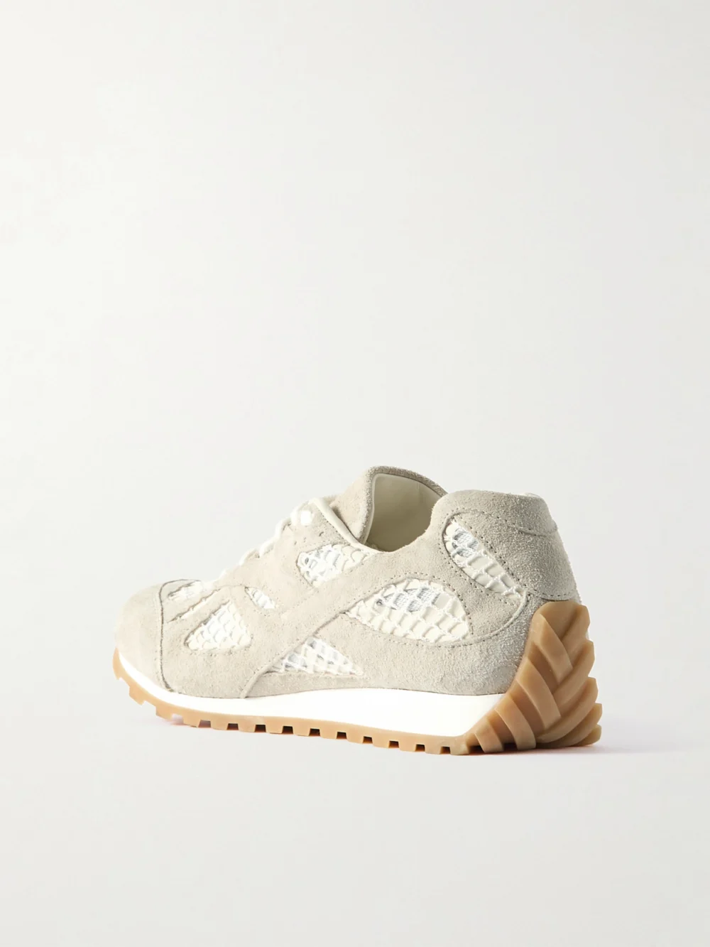 Back view of the Bottega Veneta Orbit Suede, Leather, Mesh and Fishnet Sneakers