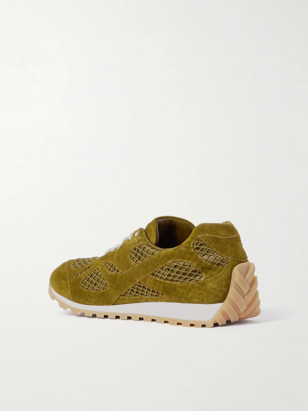 Back view of the Bottega Veneta Orbit Suede, Leather, Mesh and Fishnet Sneakers