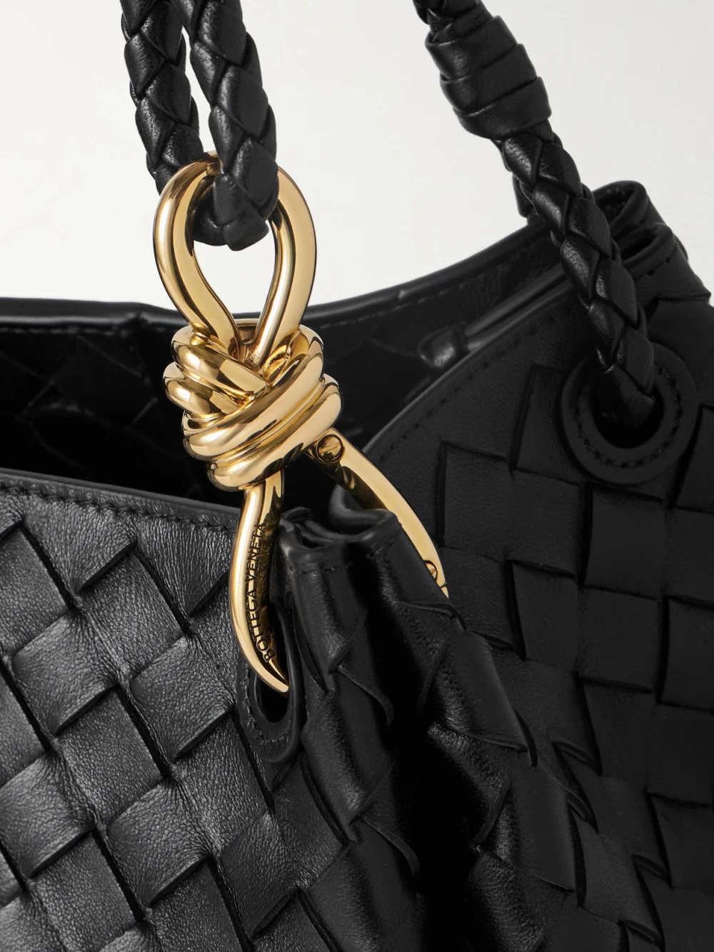 Close-up detail of the Bottega Veneta Parachute Medium Intrecciato Leather Shoulder Bag