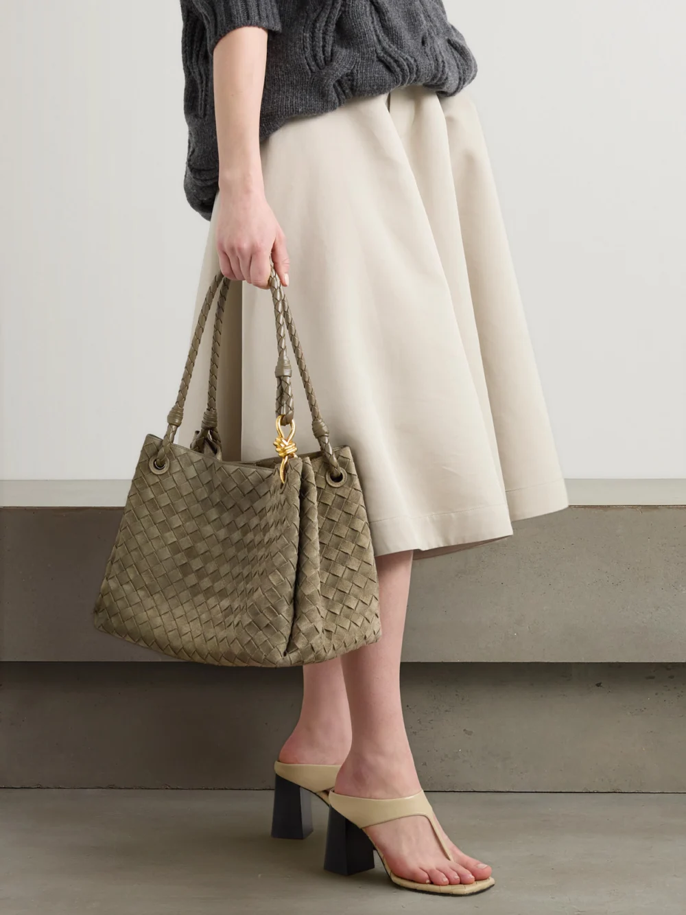 Bottega Veneta Parachute Medium Intrecciato Suede and Leather Tote, styled view