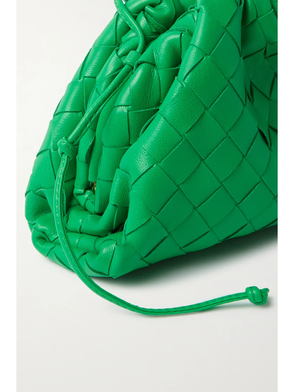 Close-up detail of the Bottega Veneta Pouch Mini Intrecciato Leather Clutch