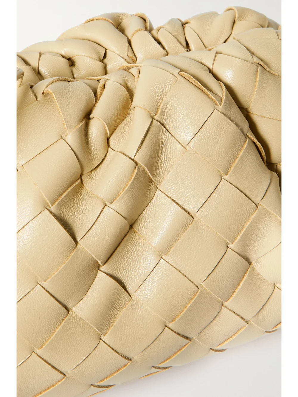 Close-up detail of the Bottega Veneta Pouch Small Intrecciato Leather Clutch