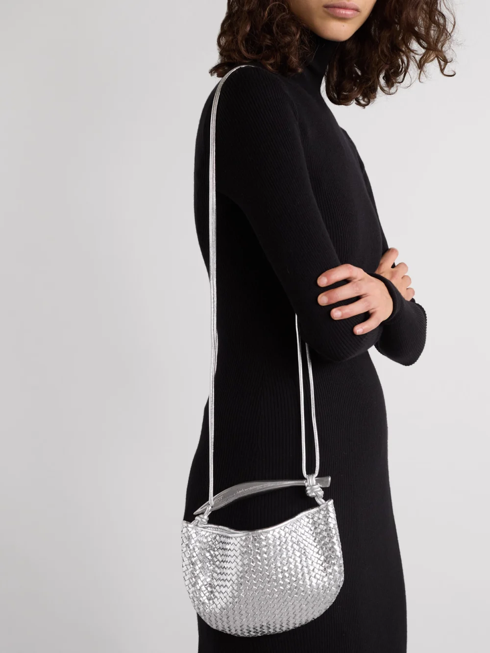 Bottega Veneta Sardine Mini Intrecciato Metallic Leather Shoulder Bag, styled view
