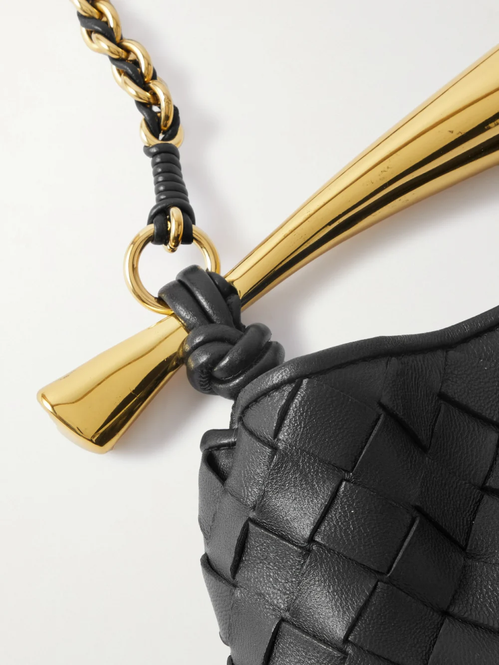 Close-up detail of the Bottega Veneta Sardine Small Intrecciato Leather Shoulder Bag with Chain