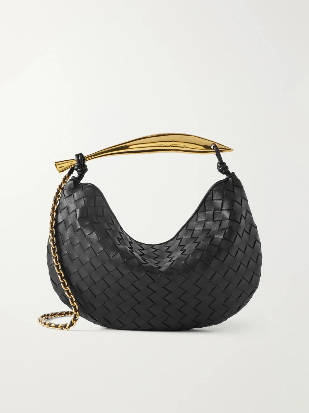 Bottega Veneta Sardine Small Intrecciato Leather Shoulder Bag with Chain in black