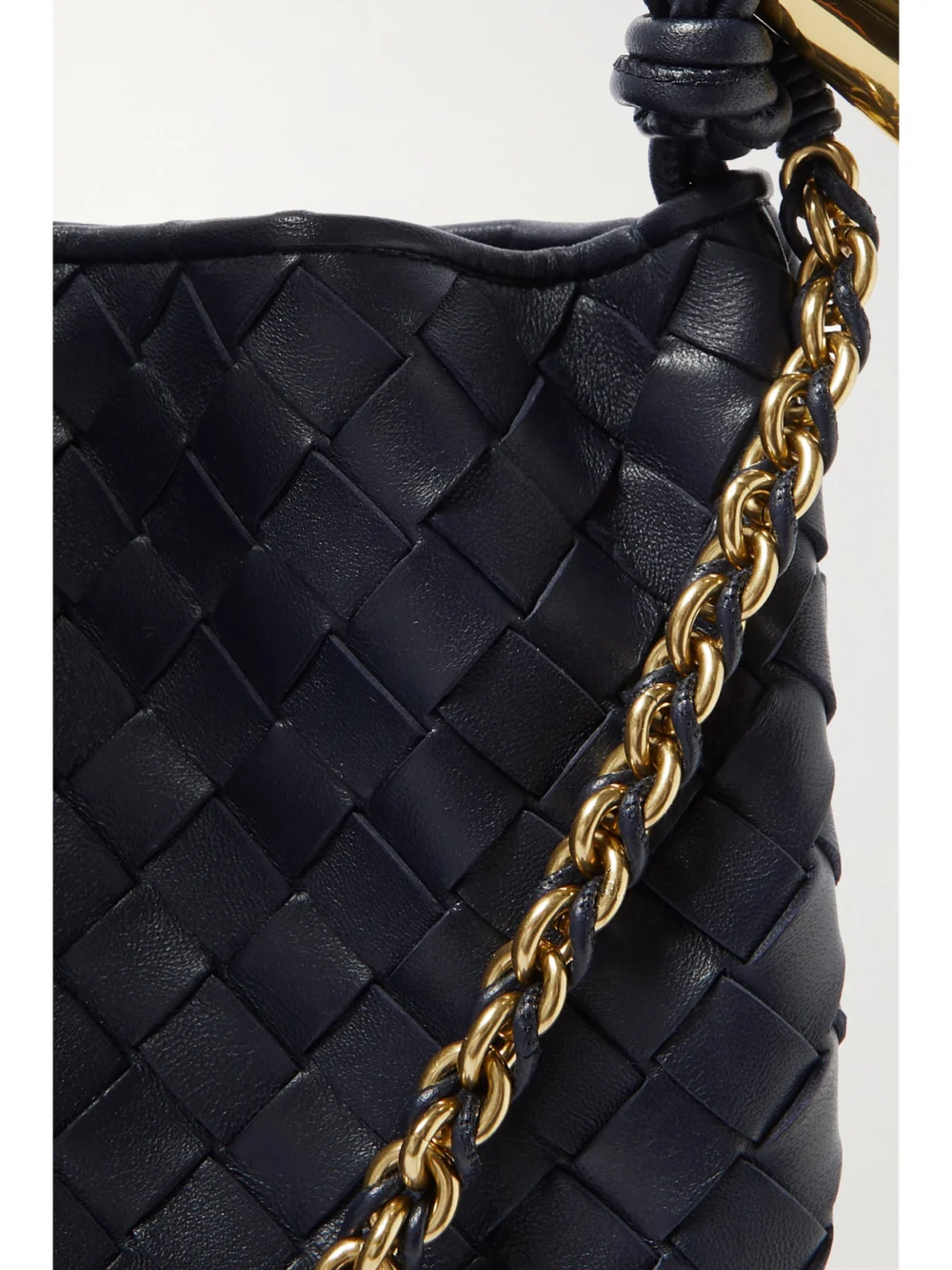 Close-up detail of the Bottega Veneta Sardine Small Intrecciato Leather Shoulder Bag with Chain