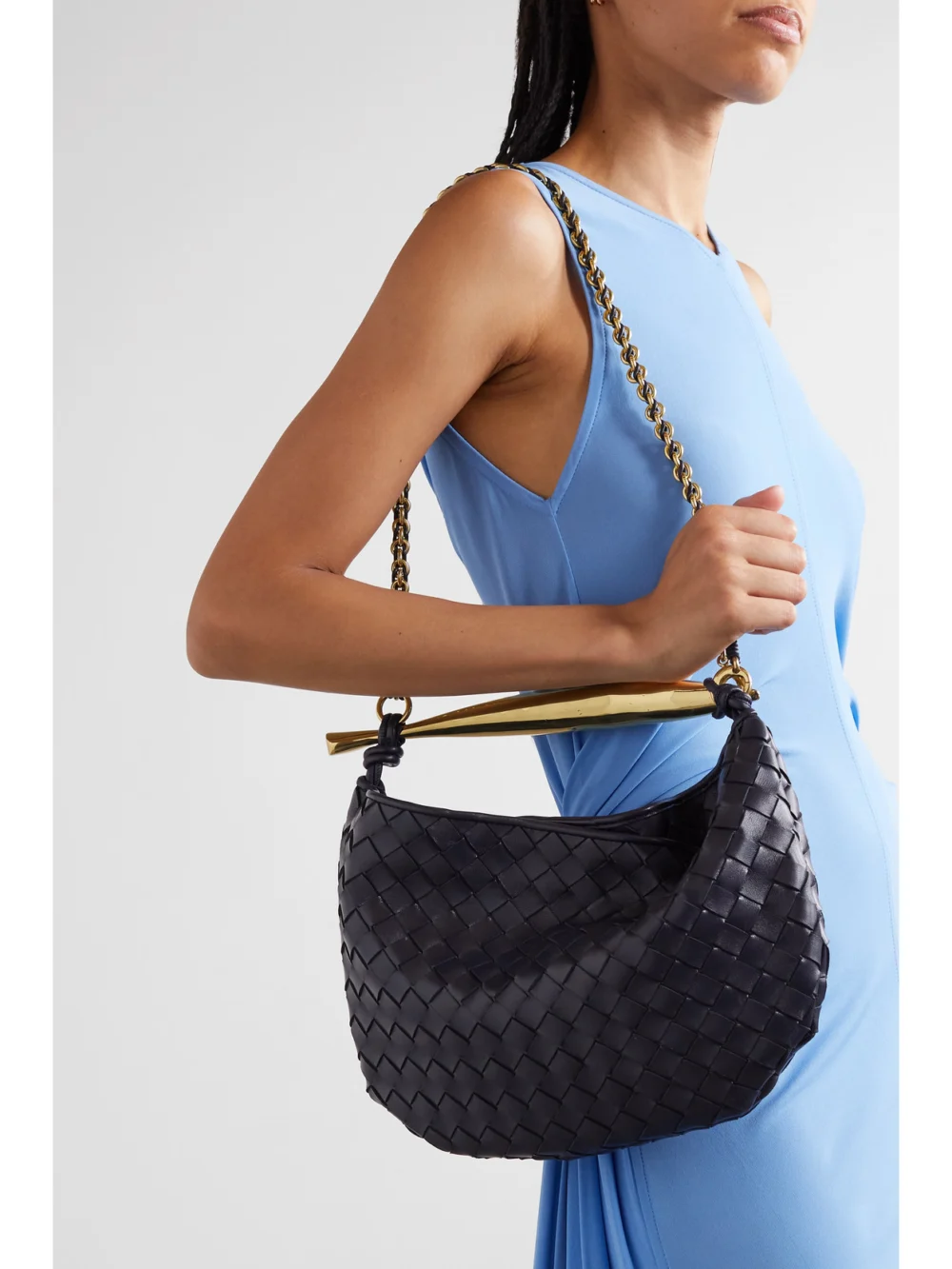 Bottega Veneta Sardine Small Intrecciato Leather Shoulder Bag with Chain, styled view