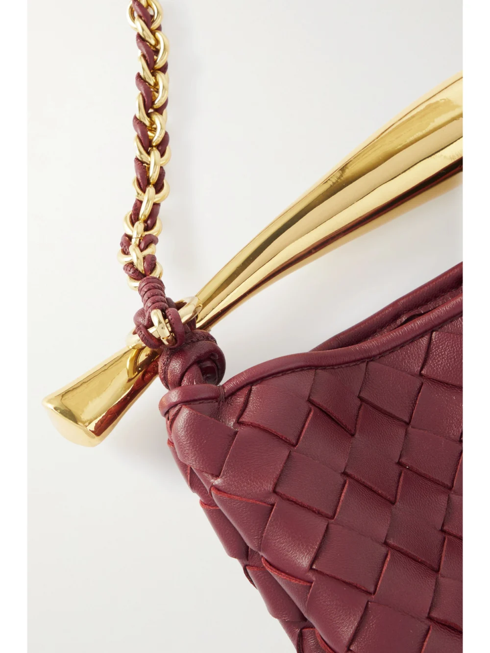 Close-up detail of the Bottega Veneta Sardine Small Intrecciato Leather Shoulder Bag with Chain