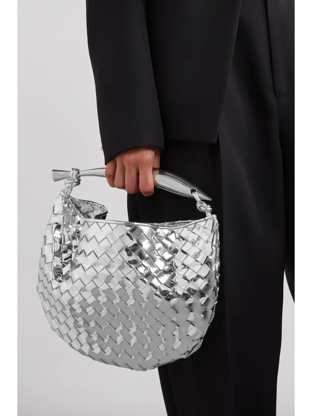 Bottega Veneta Sardine Small Intrecciato Metallic Leather Tote, styled view