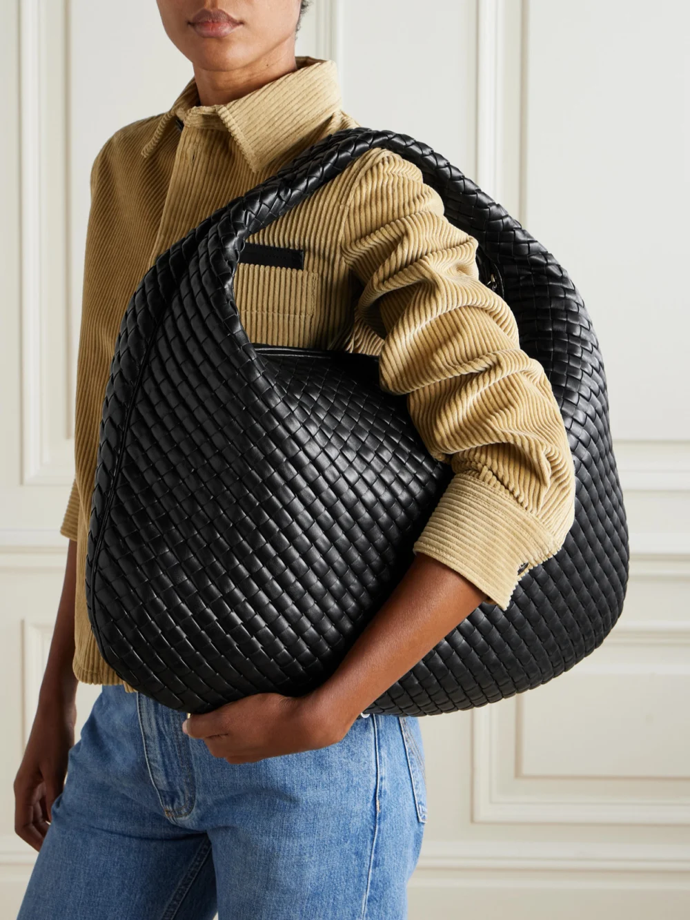 Bottega Veneta Venta Large Intrecciato Leather Shoulder Bag, styled view