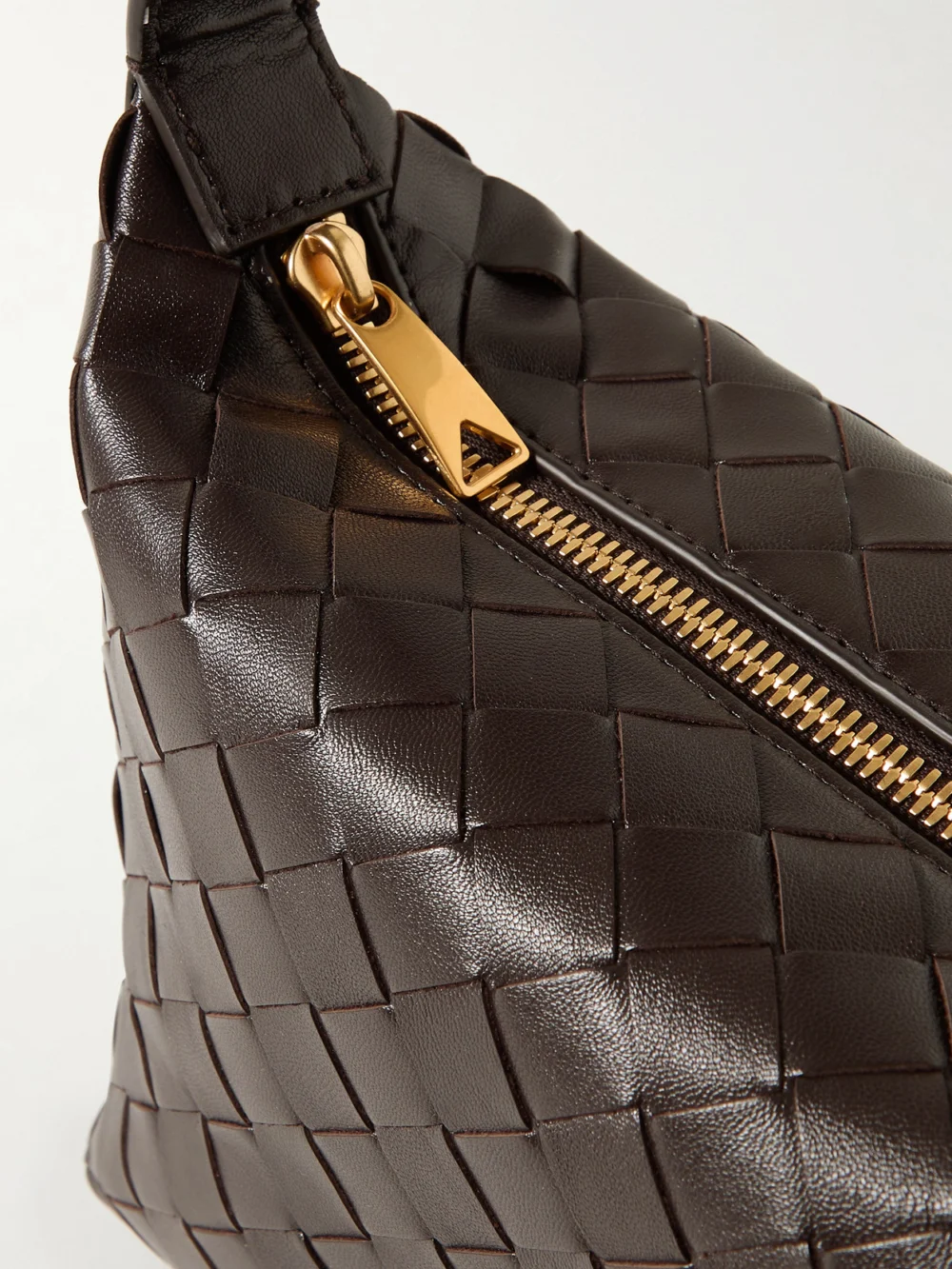 Close-up detail of the Bottega Veneta Wallace Mini Intrecciato Leather Shoulder Bag