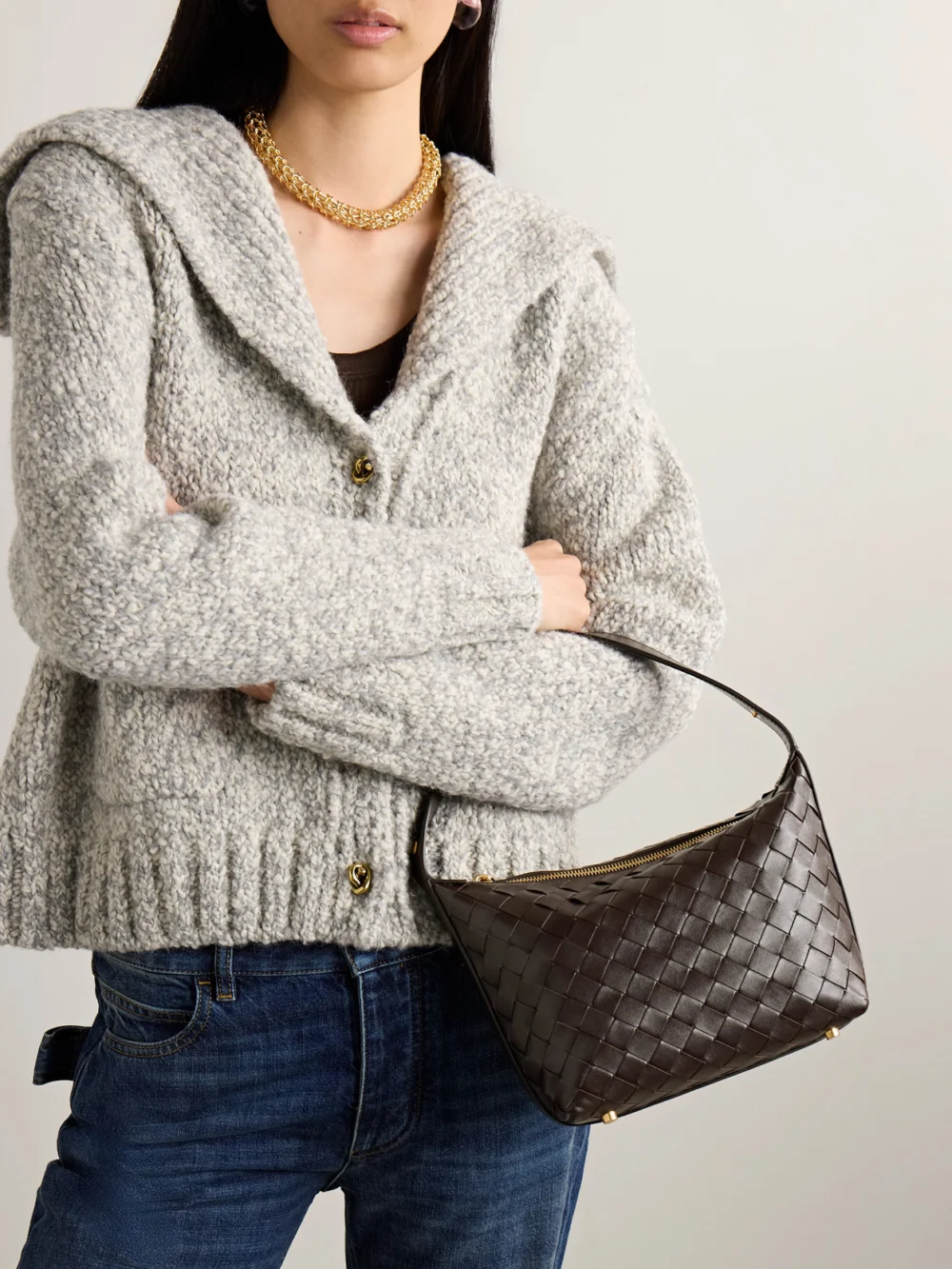Bottega Veneta Wallace Mini Intrecciato Leather Shoulder Bag, styled view