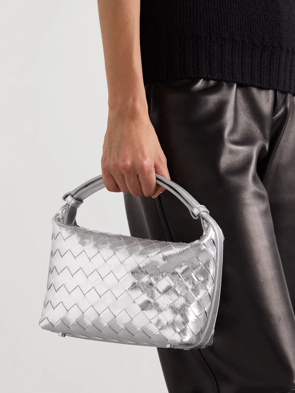 Bottega Veneta Wallace Mini Intrecciato Metallic Leather Shoulder Bag, styled view