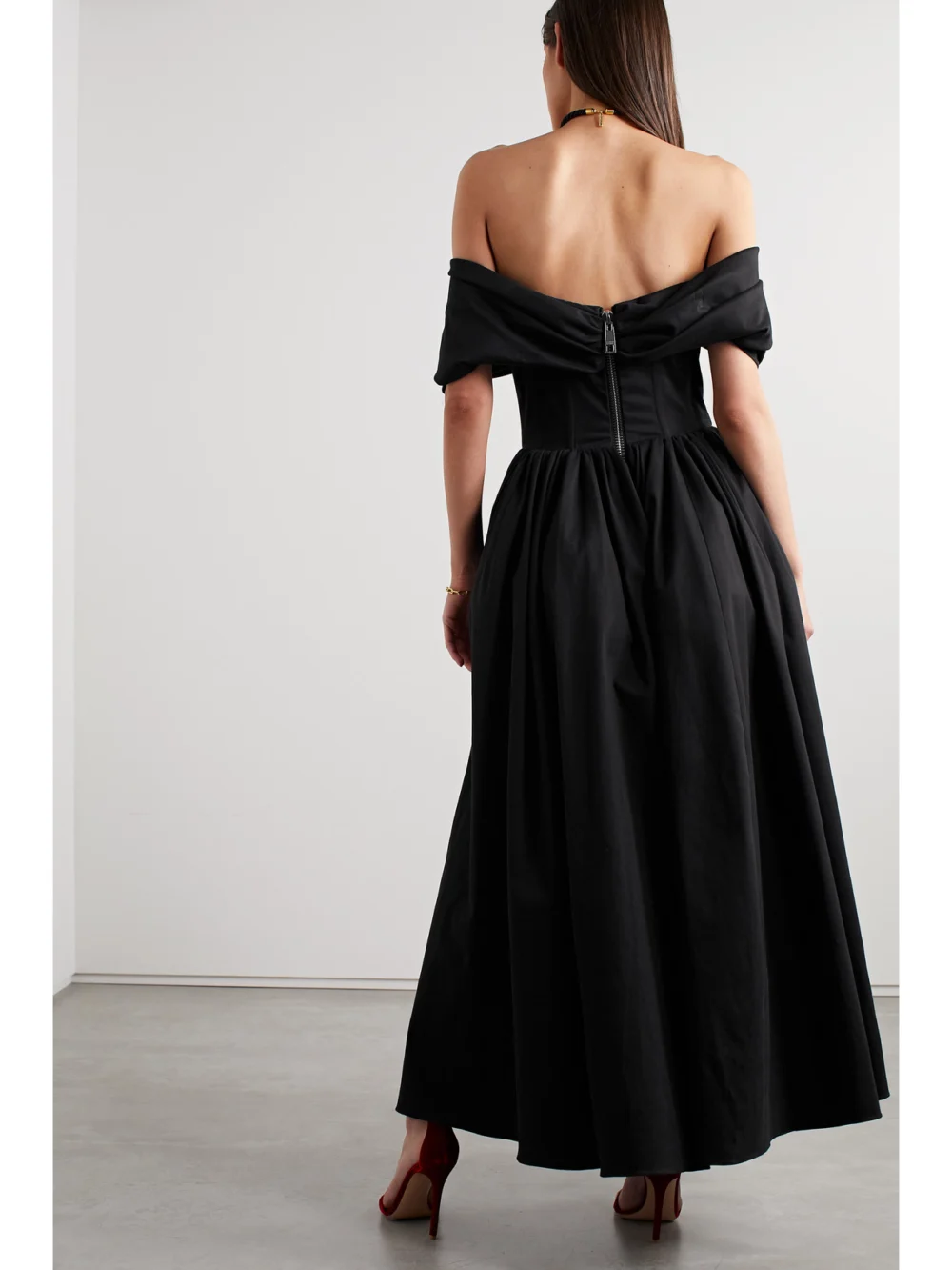 Back view of the Brandon Maxwell Blaise Off-the-shoulder Cotton-blend Poplin Midi Dress