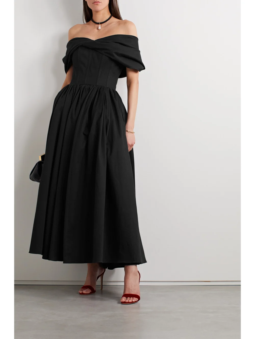 Brandon Maxwell Blaise Off-the-shoulder Cotton-blend Poplin Midi Dress, worn by a model