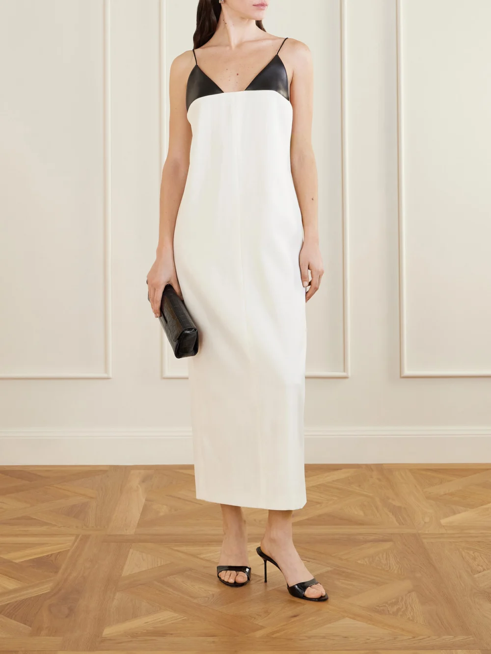 Brandon Maxwell Leather-trimmed Wool and Silk-blend Maxi Dress, worn by a model