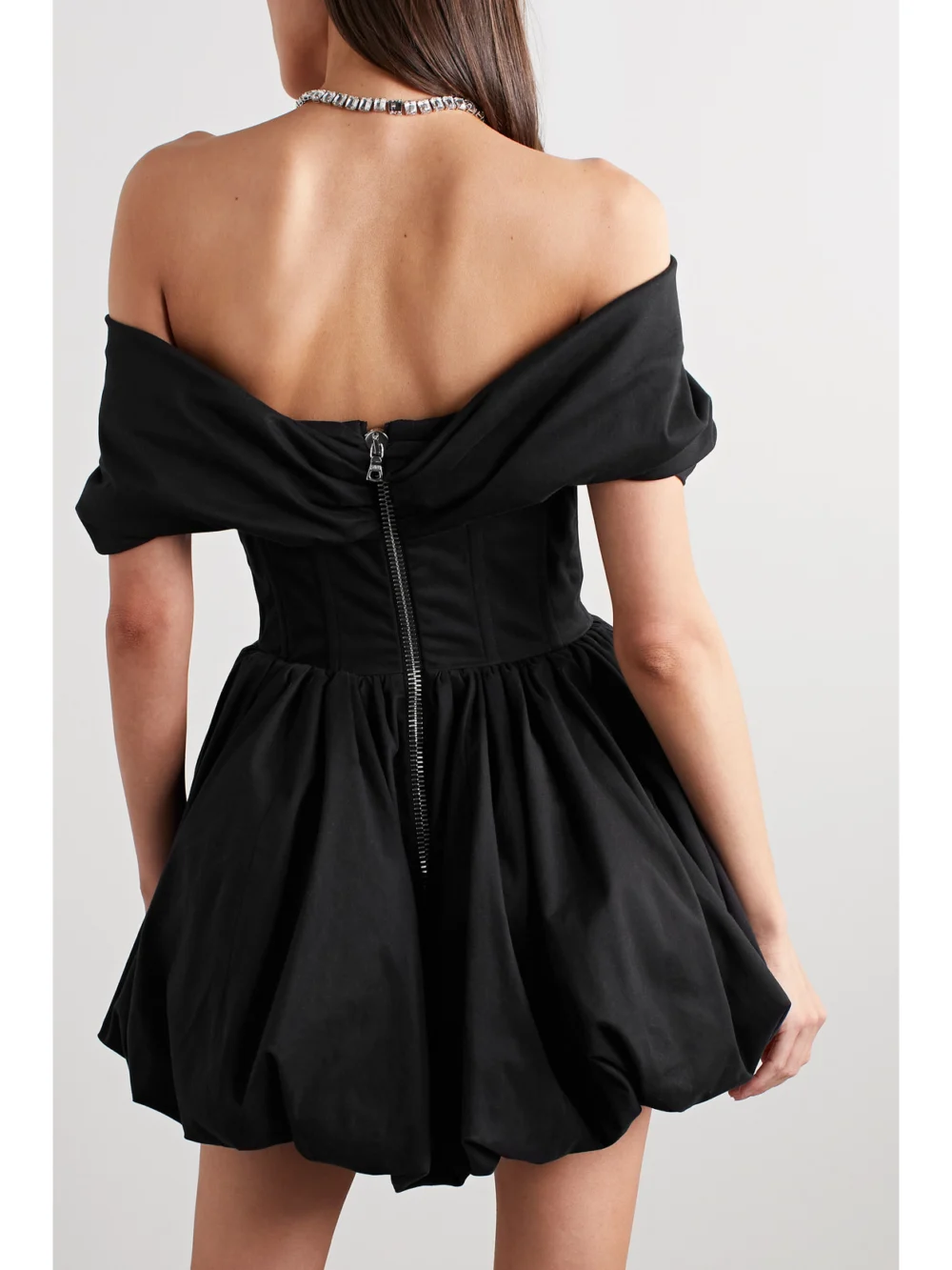 Back view of the Brandon Maxwell Pippa Off-the-shoulder Cotton-blend Poplin Mini Dress