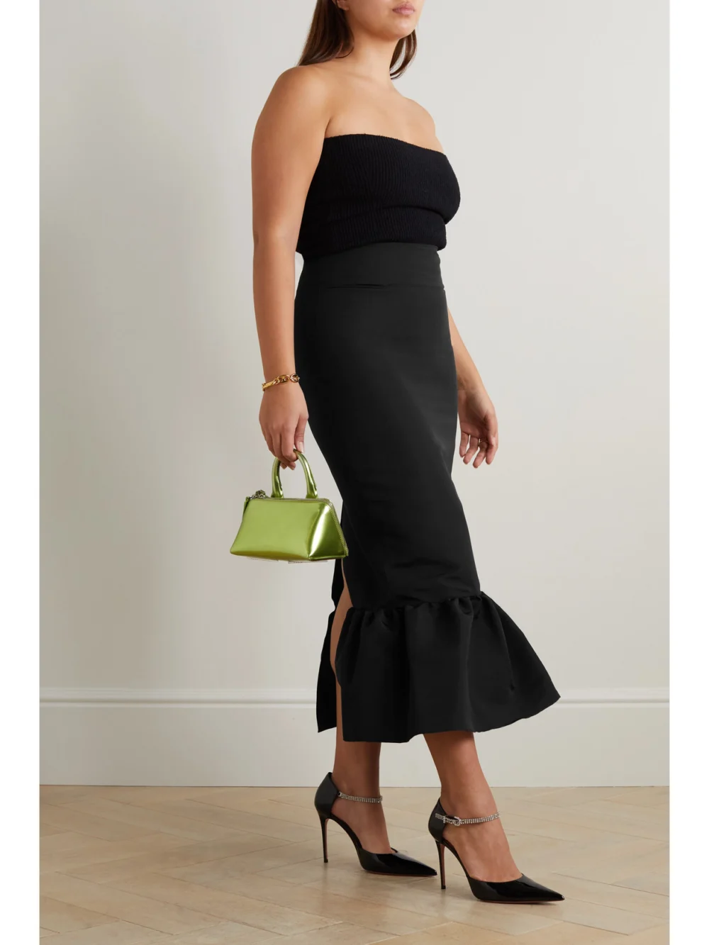 Brandon Maxwell Ruffled Silk-twill Midi Skirt, worn by a model