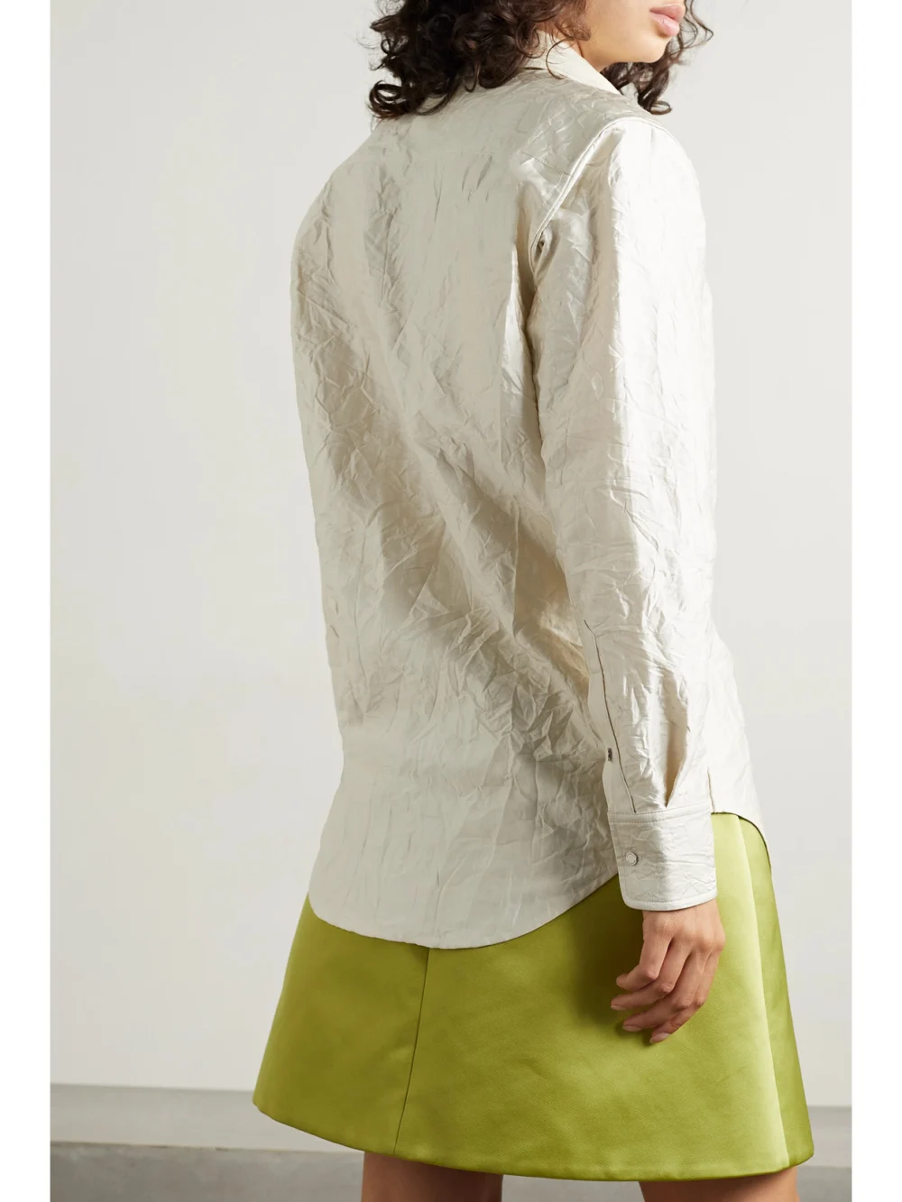 Back view of the Brandon Maxwell The Allie Crinkled Satin-twill Shirt