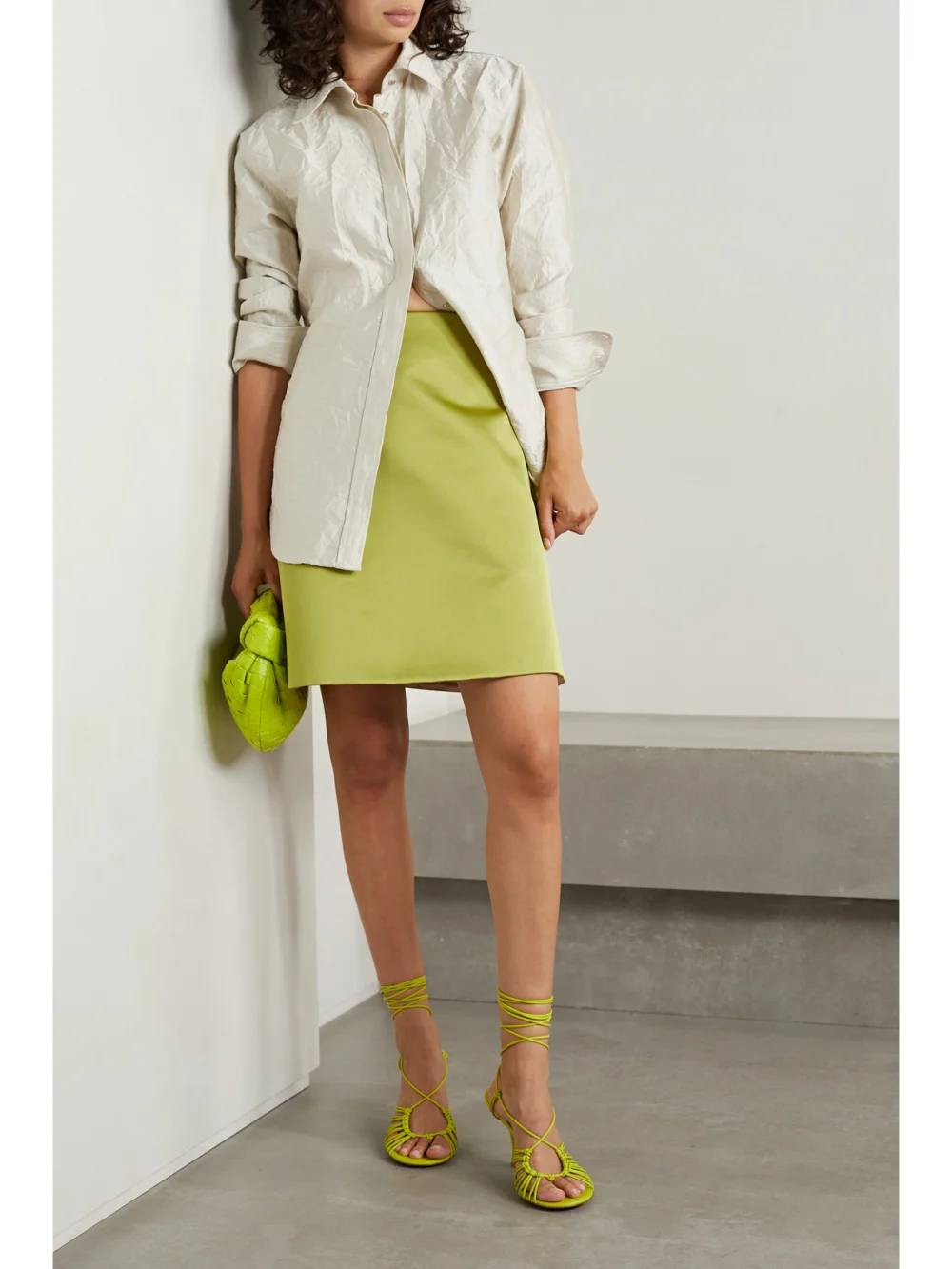 Brandon Maxwell The Allie Crinkled Satin-twill Shirt, worn by a model