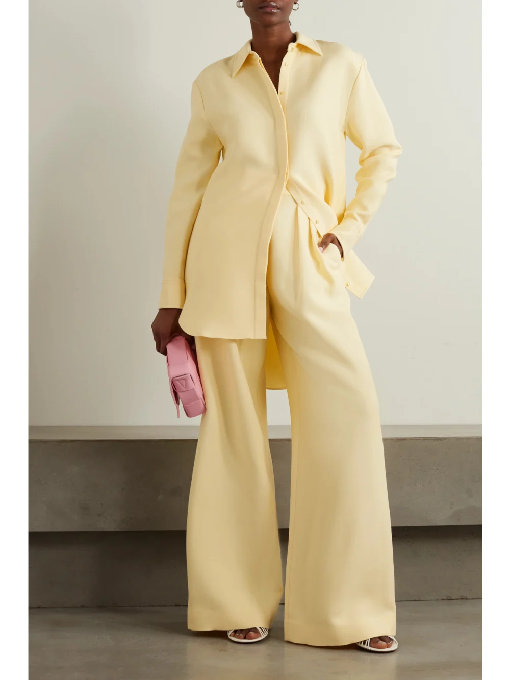 Brandon Maxwell The Holland Wool-blend Crepe Wide-leg Pants, worn by a model