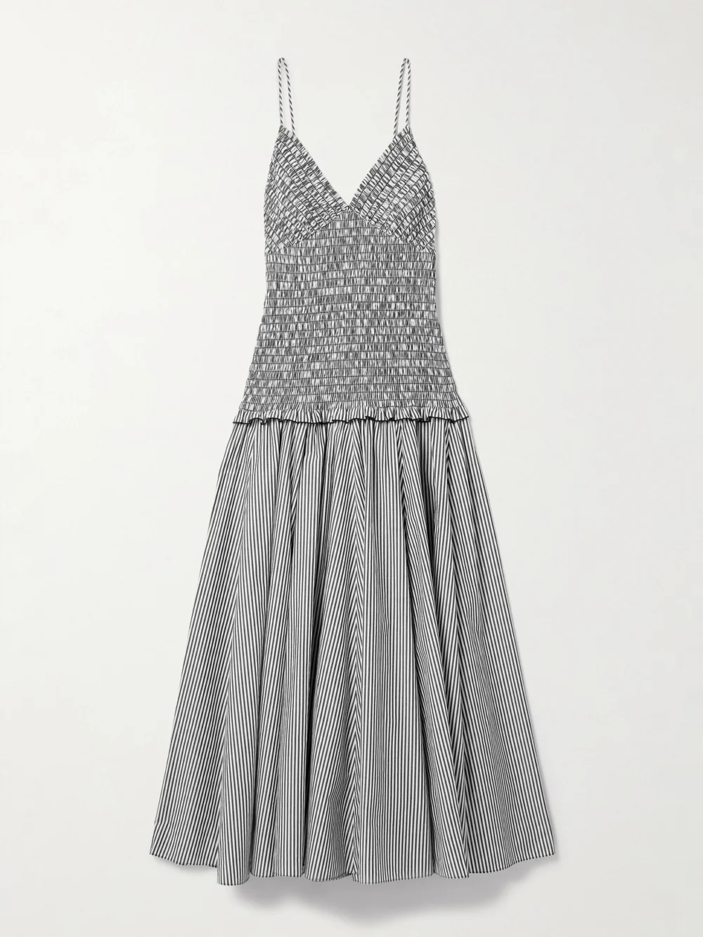 Brandon Maxwell The Josie Shirred Striped Cotton Midi Dress in gray