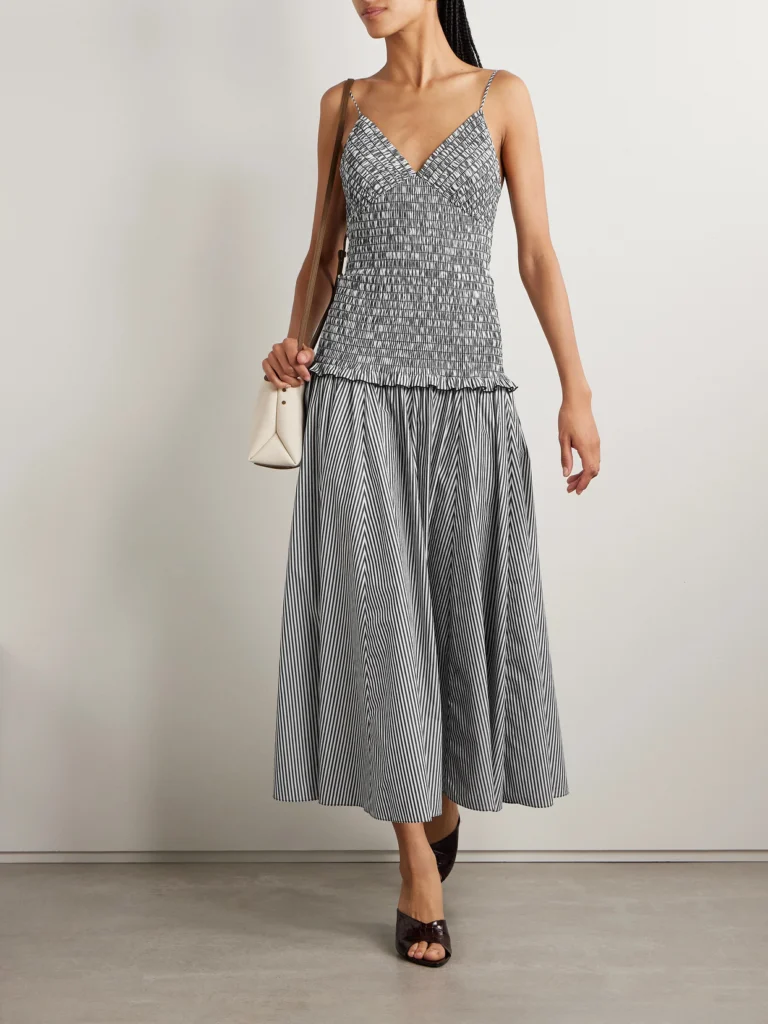 Brandon Maxwell The Josie Shirred Striped Cotton Midi Dress