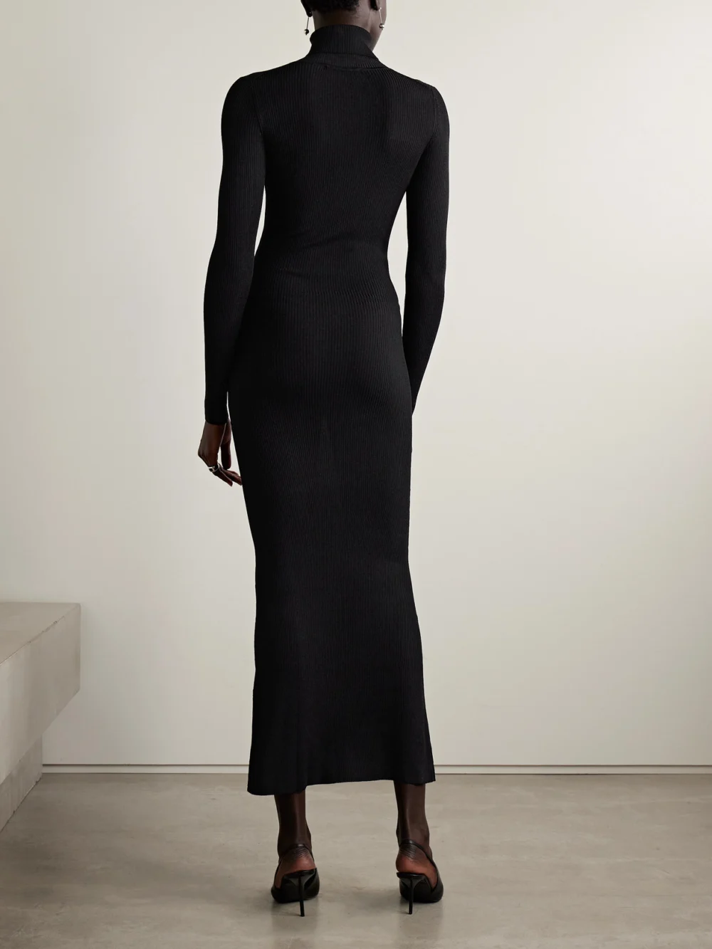 Back view of the Brandon Maxwell The Lainey Embellished Gathered Ribbed-knit Maxi Dress