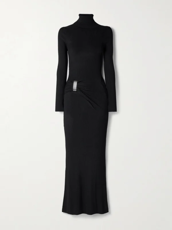 Brandon Maxwell The Lainey Embellished Gathered Ribbed-knit Maxi Dress