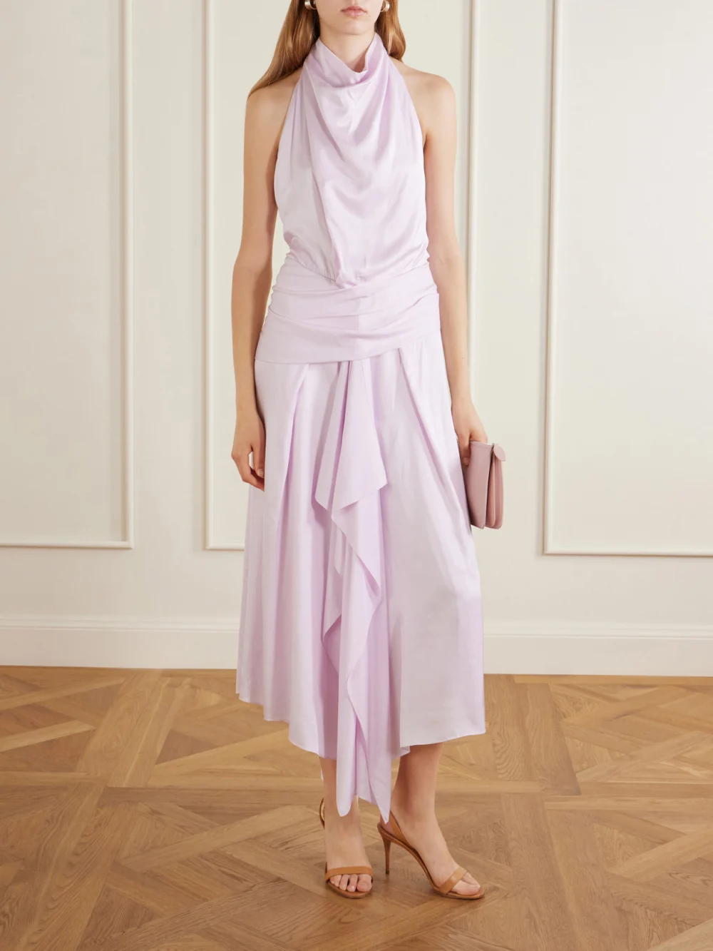 Brandon Maxwell The Marin Satin Halterneck Midi Dress, worn by a model