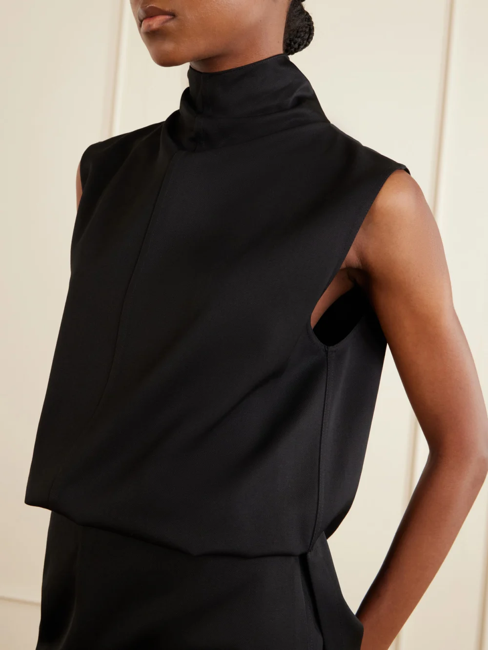 Close-up detail of the Brandon Maxwell The Noa Gathered Wool-twill Turtleneck Mini Dress