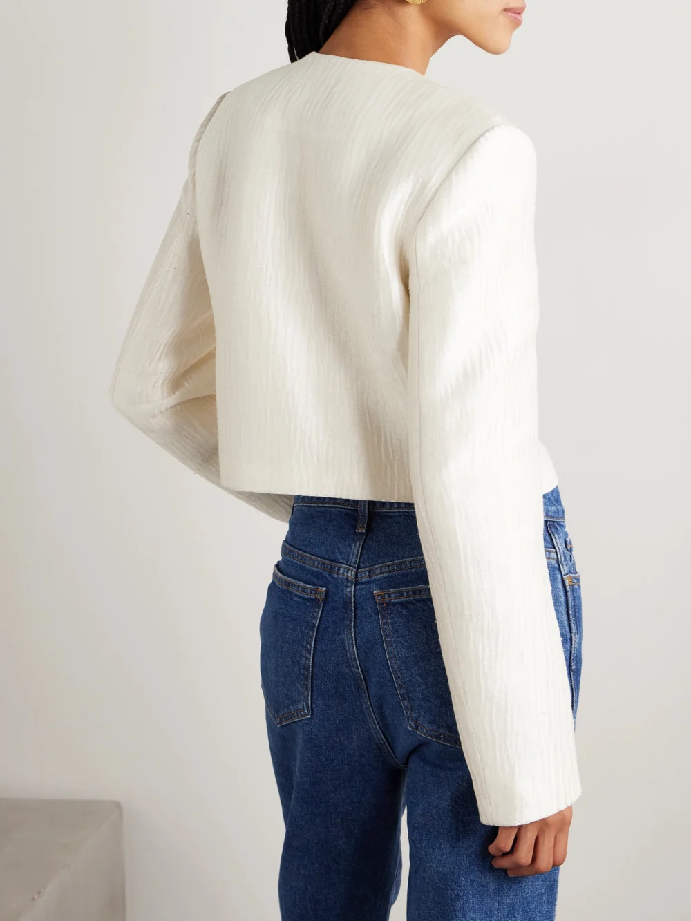 Back view of the Brandon Maxwell The Ryder Cropped Crinkled Silk-satin Jacket