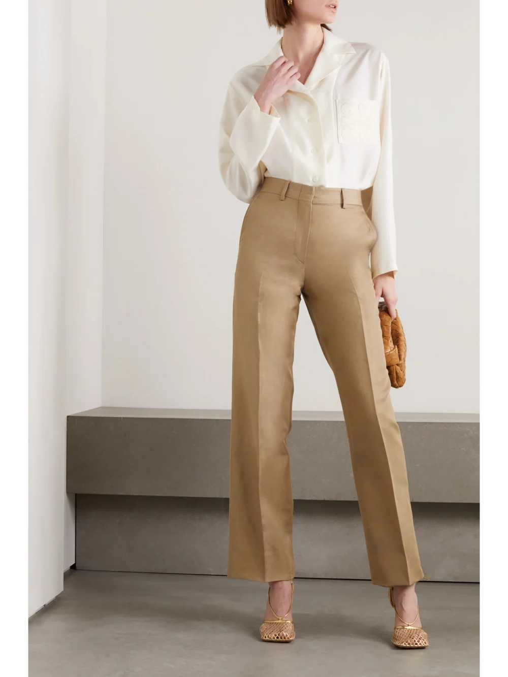 Brioni Cotton, Linen and Silk-blend Twill Straight-leg Pants, worn by a model