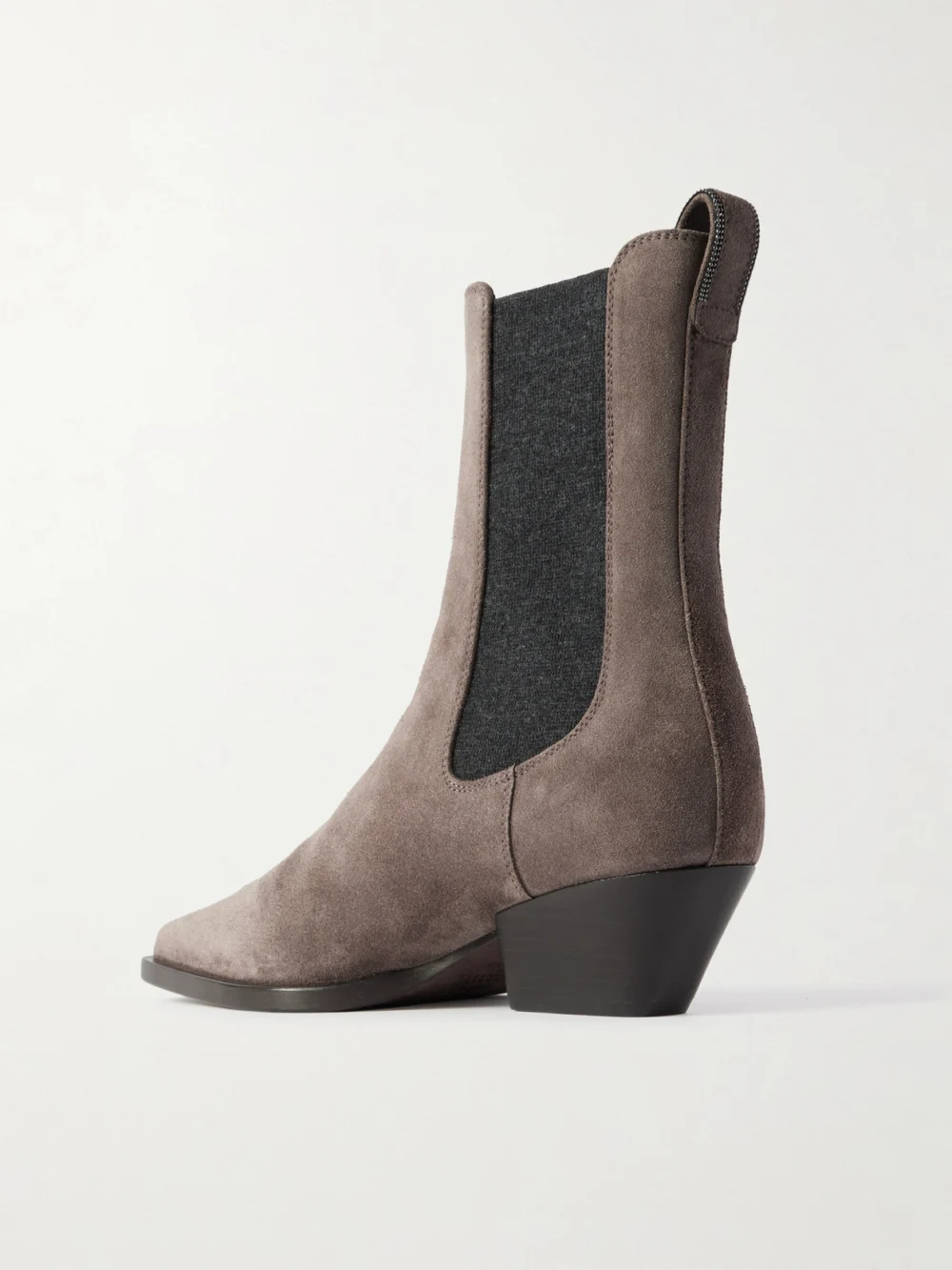 Back view of the Brunello Cucinelli 45 Bead-embellished Suede Chelsea Boots