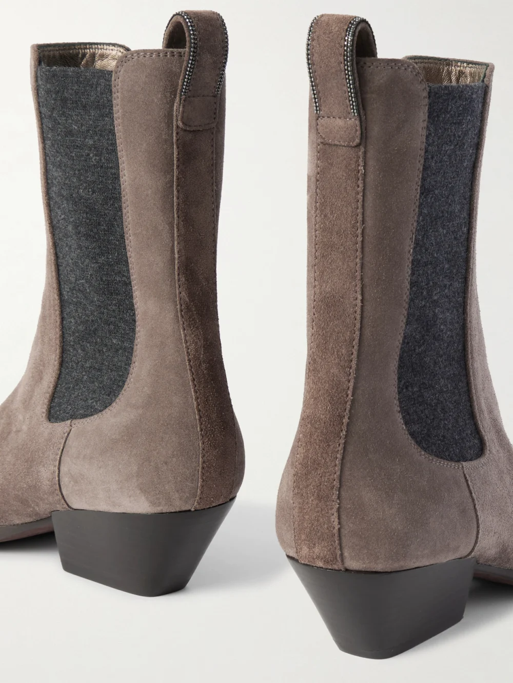 Close-up detail of the Brunello Cucinelli 45 Bead-embellished Suede Chelsea Boots