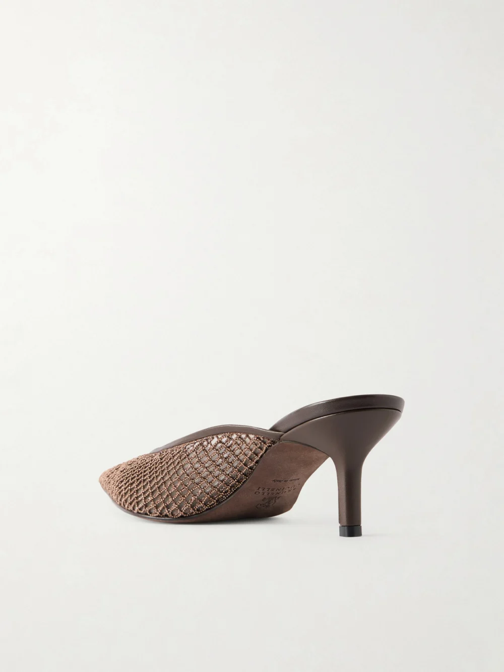 Back view of the Brunello Cucinelli 55 Bead-embellished Leather-trimmed Mesh Mules