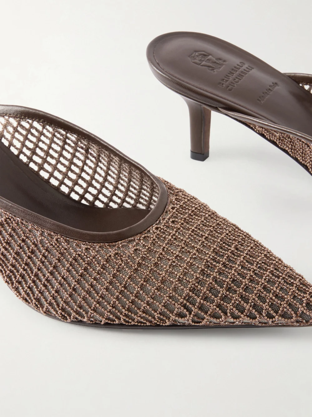 Close-up detail of the Brunello Cucinelli 55 Bead-embellished Leather-trimmed Mesh Mules