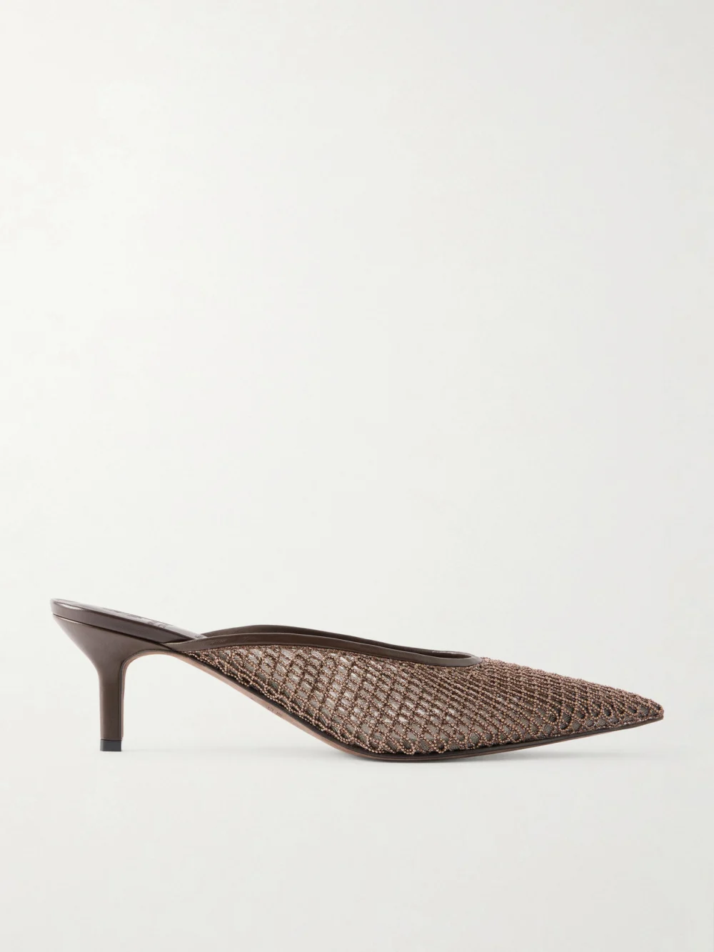Brunello Cucinelli 55 Bead-embellished Leather-trimmed Mesh Mules in dark brown