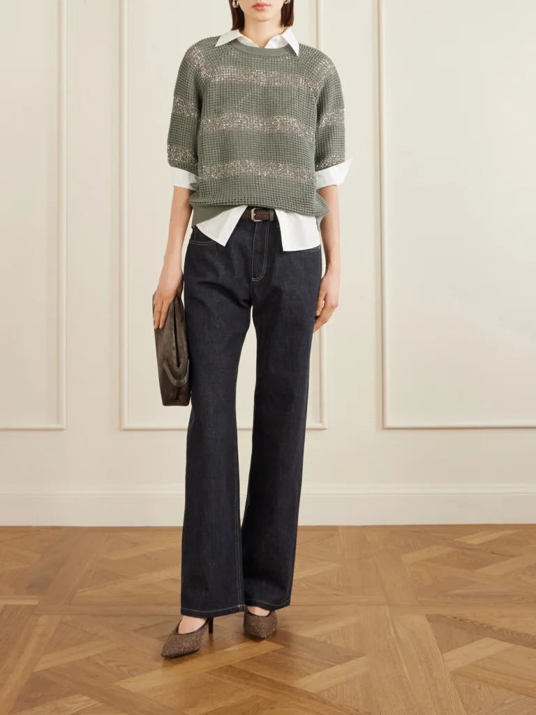 Brunello Cucinelli 55 Bead-embellished Leather-trimmed Mesh Mules