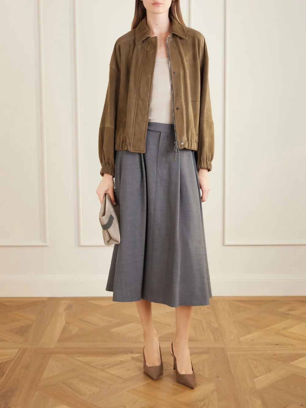 Brunello Cucinelli 80 Suede Slingback Pumps, styled view